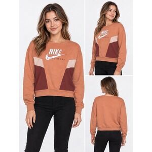 Nike Sportswear Women's XS Color Block Crewneck Sweatshirt Logo Peach Burgundy